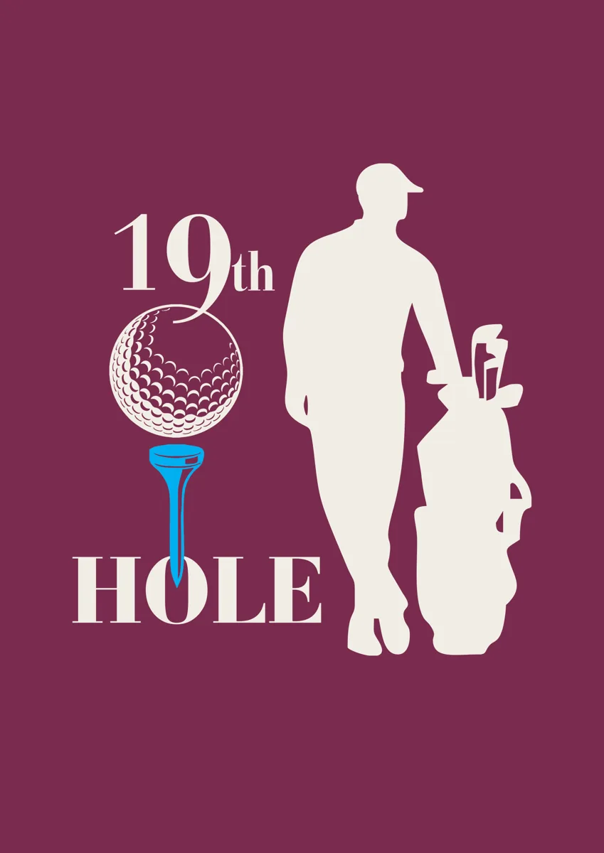 Golfer silhouette with golf bag beside 19th Hole lettering and a golf ball on a tee