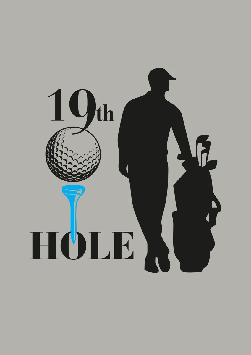 Golfer silhouette with golf bag beside 19th Hole lettering and a golf ball on a tee