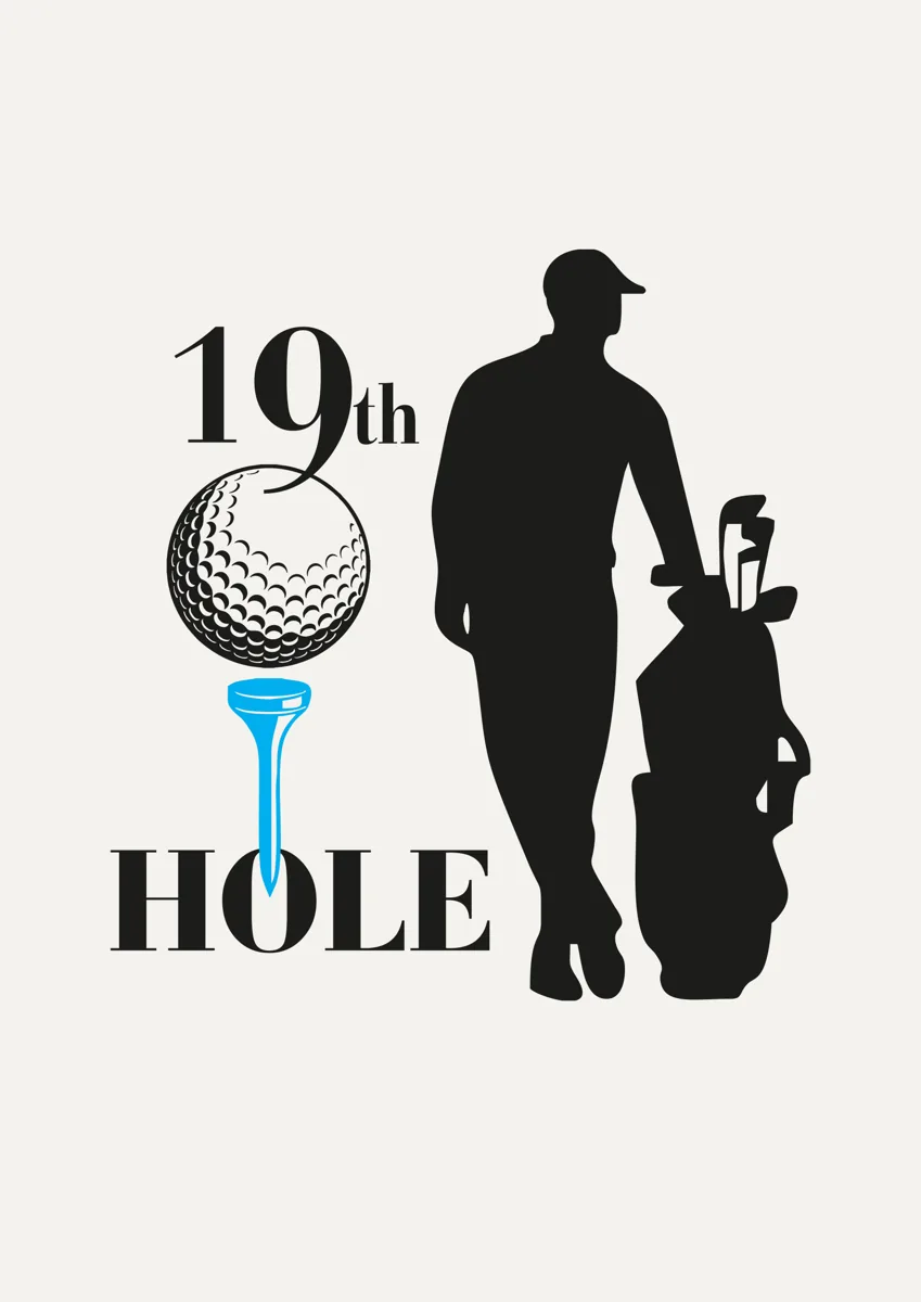 Golfer silhouette with golf bag beside 19th Hole lettering and a golf ball on a tee
