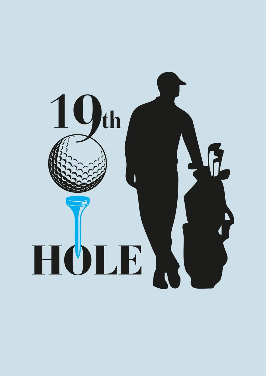 Golfer silhouette with golf bag beside 19th Hole lettering and a golf ball on a tee