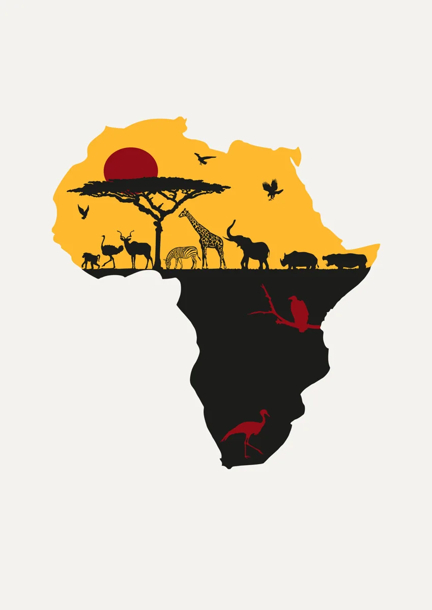 Map of Africa with a safari sunset scene of acacia trees and animals