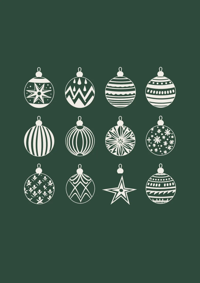 Grid of twelve patterned Christmas baubles