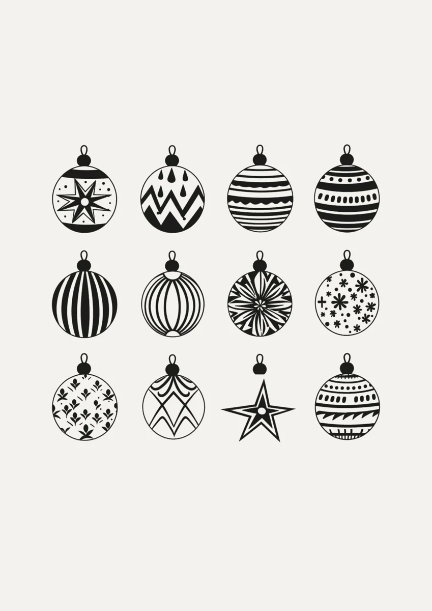 Grid of twelve patterned Christmas baubles