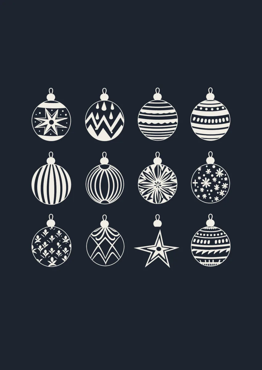 Grid of twelve patterned Christmas baubles
