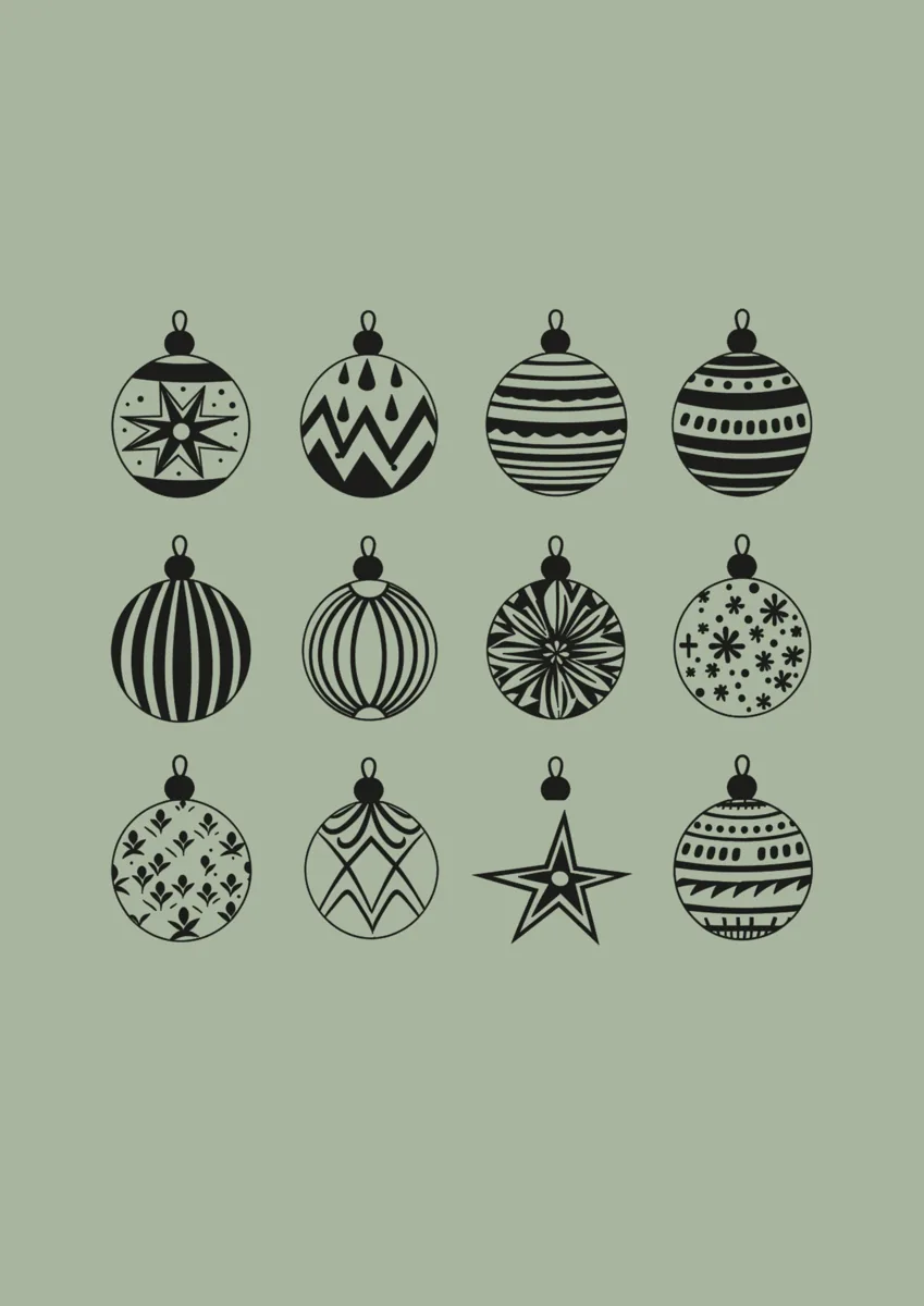 Grid of twelve patterned Christmas baubles
