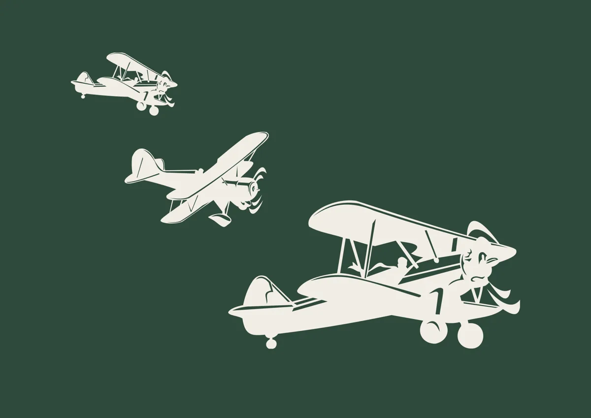 Three vintage biplanes flying, silhouette