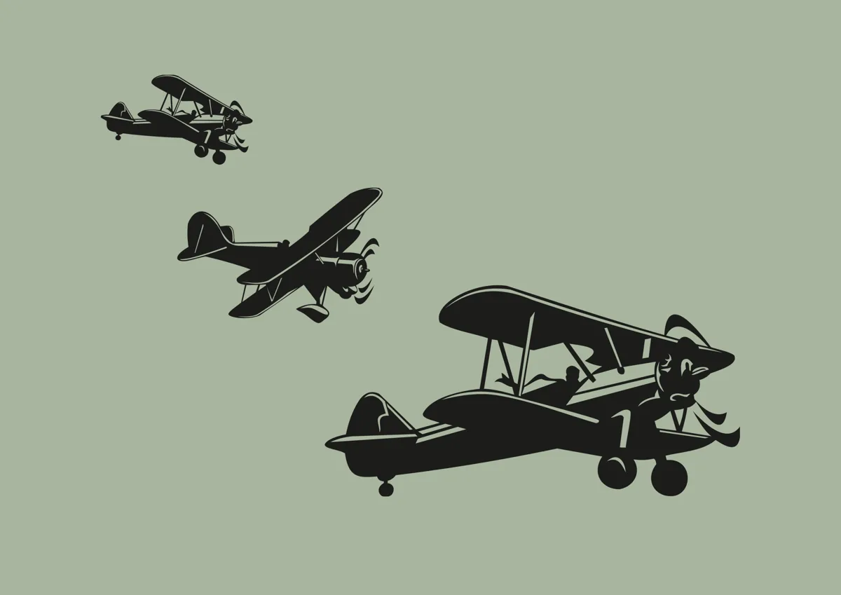 Three vintage biplanes flying, silhouette
