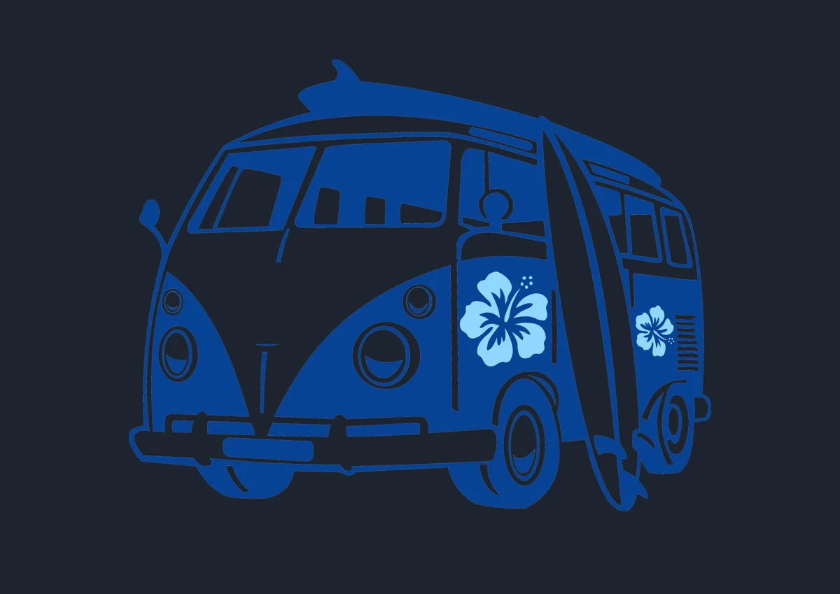 Classic campervan with flower decoration, blue illustration