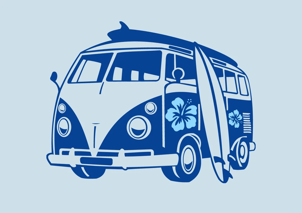 Classic campervan with flower decoration, blue illustration
