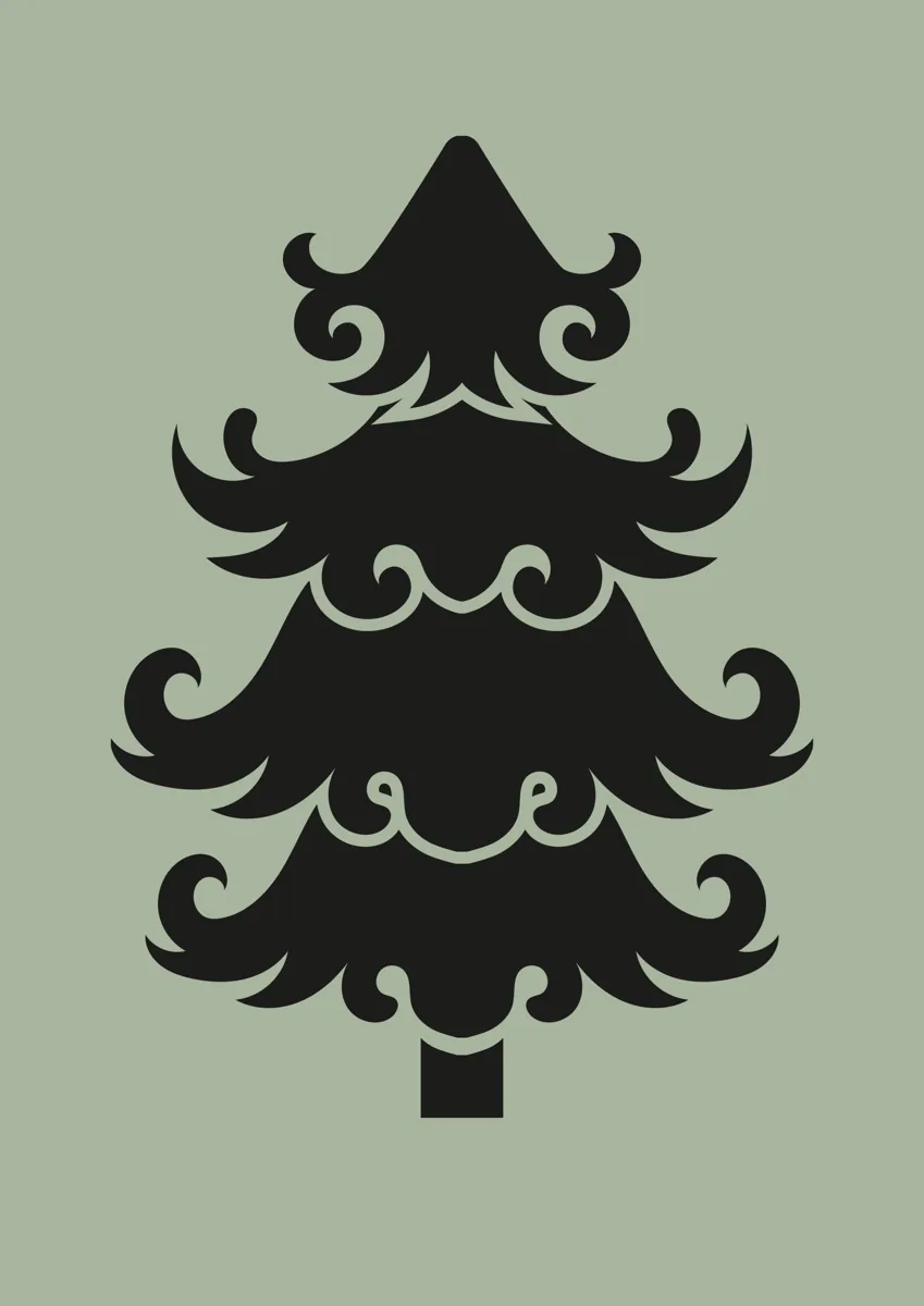 Christmas tree silhouette with curling, scroll-like tiers