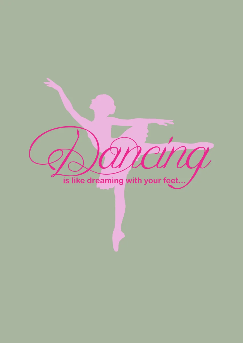 Ballerina silhouette on pointe with Dancing written in pink script