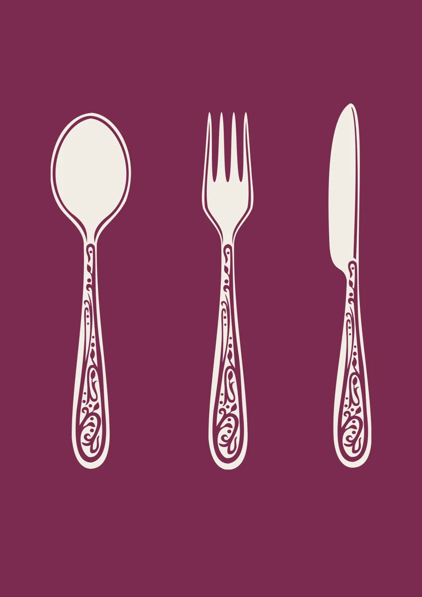 Spoon, fork and knife with ornate handles