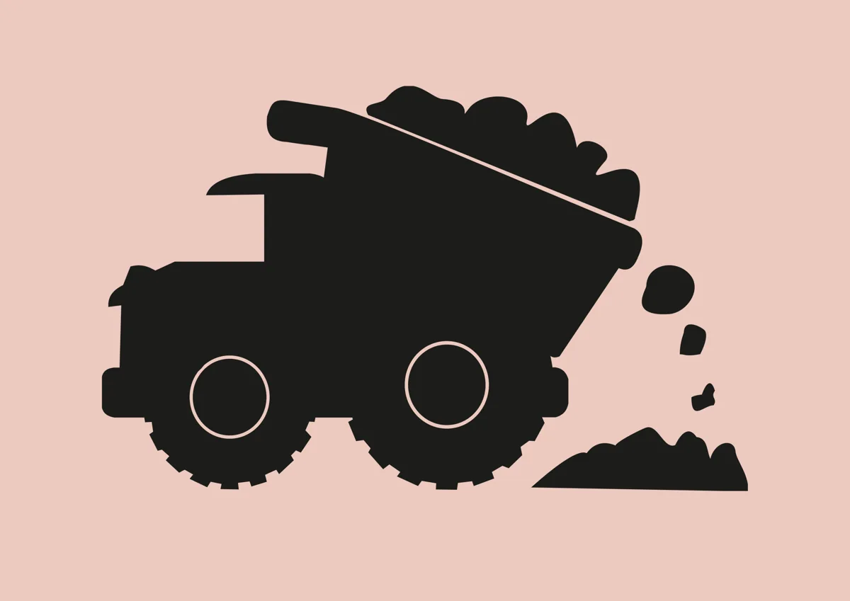 Chunky dump truck tipping its load, silhouette