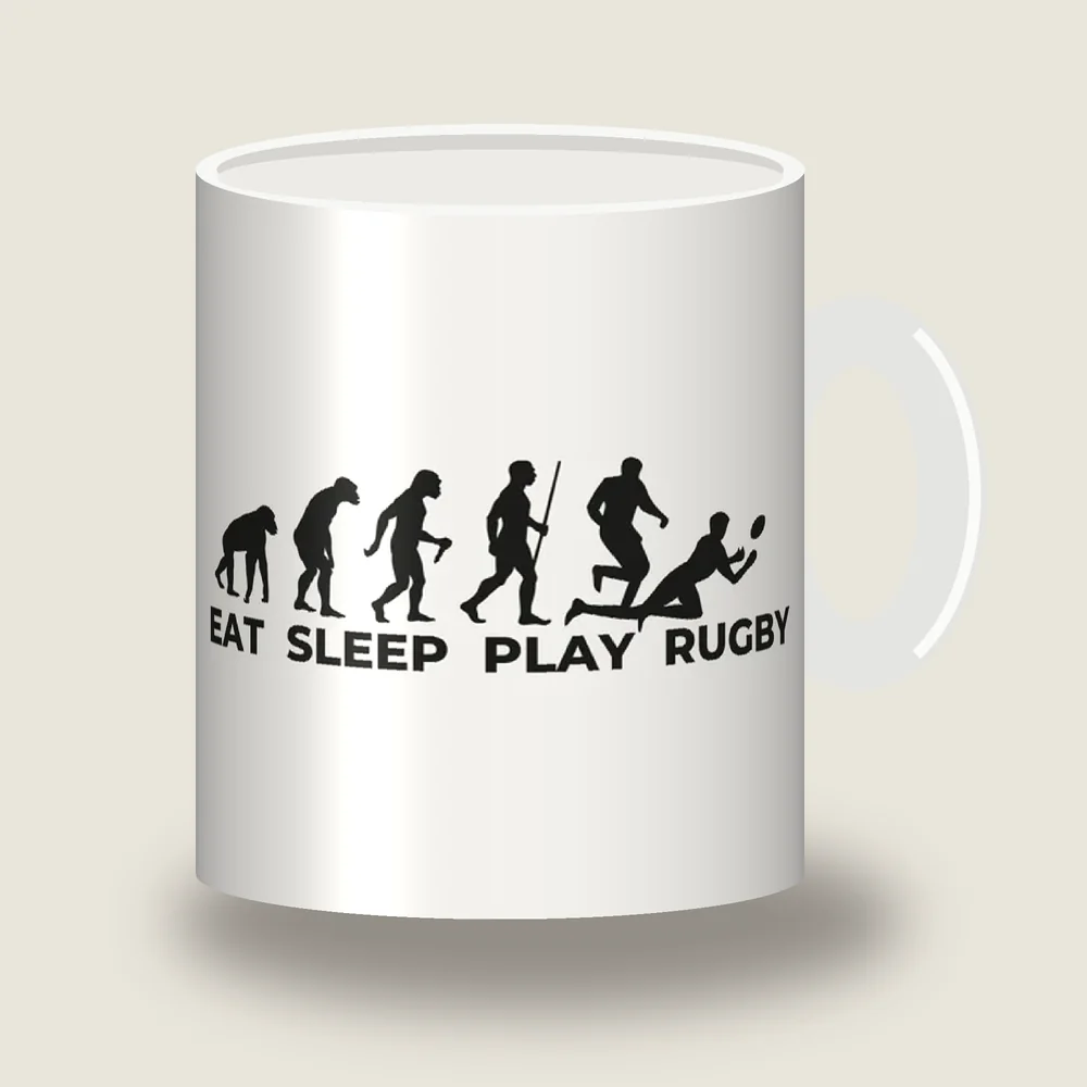 Eat Sleep Play Rugby lettering with figures on a mug