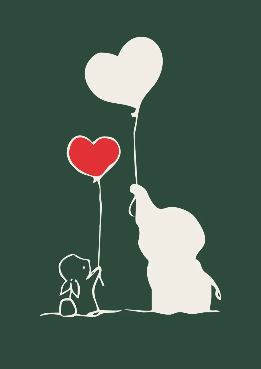Elephant and bunny silhouettes holding red heart-shaped balloons