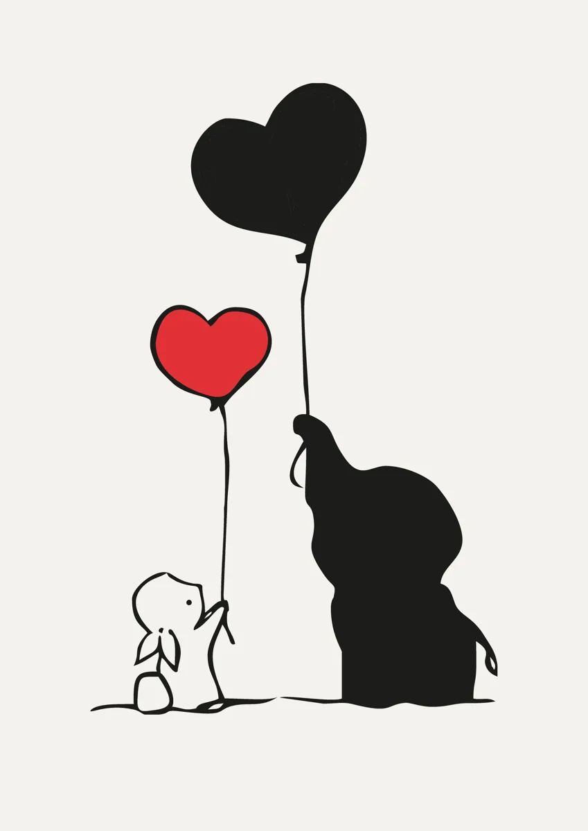 Elephant and bunny silhouettes holding red heart-shaped balloons
