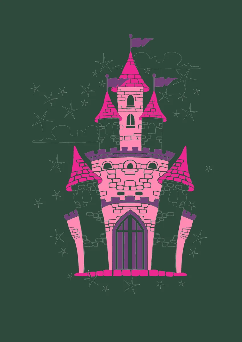 Pink fairytale castle with turrets, flags and stars