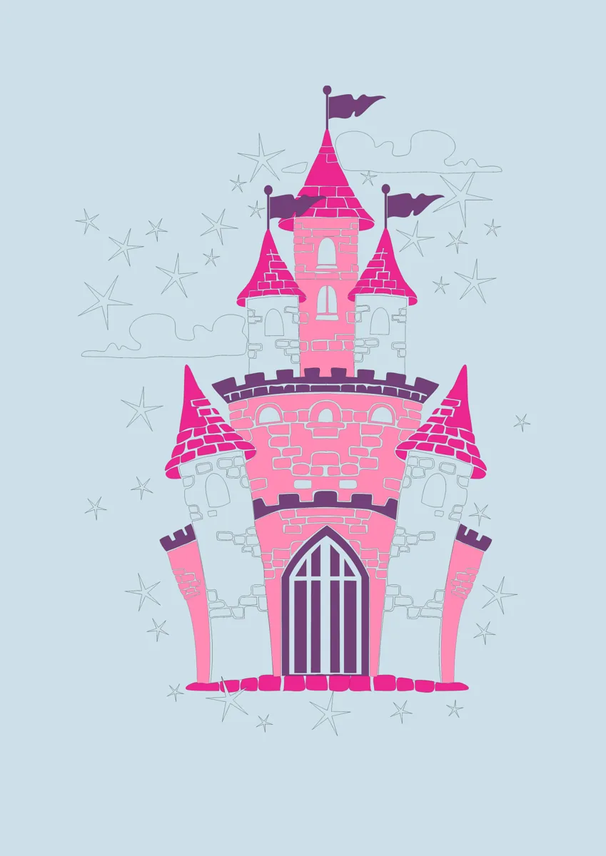 Pink fairytale castle with turrets, flags and stars
