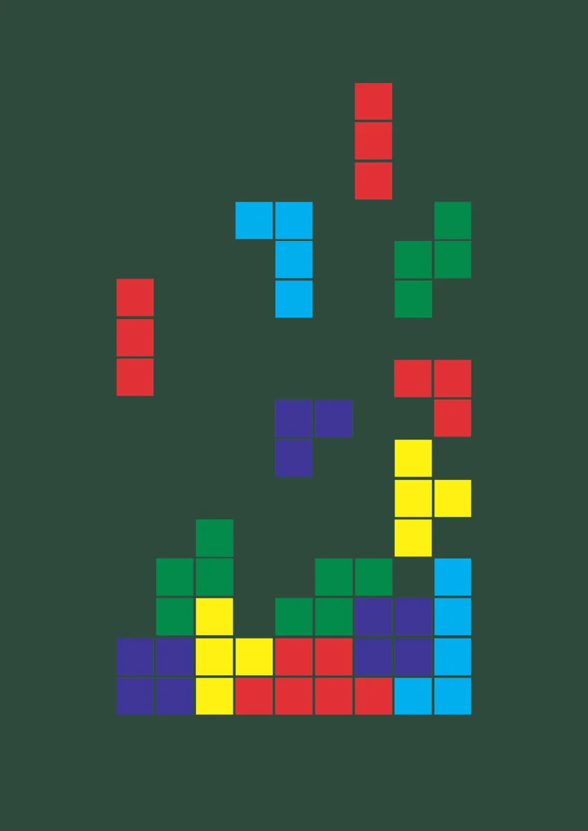 Stacked and falling square blocks in a single colour