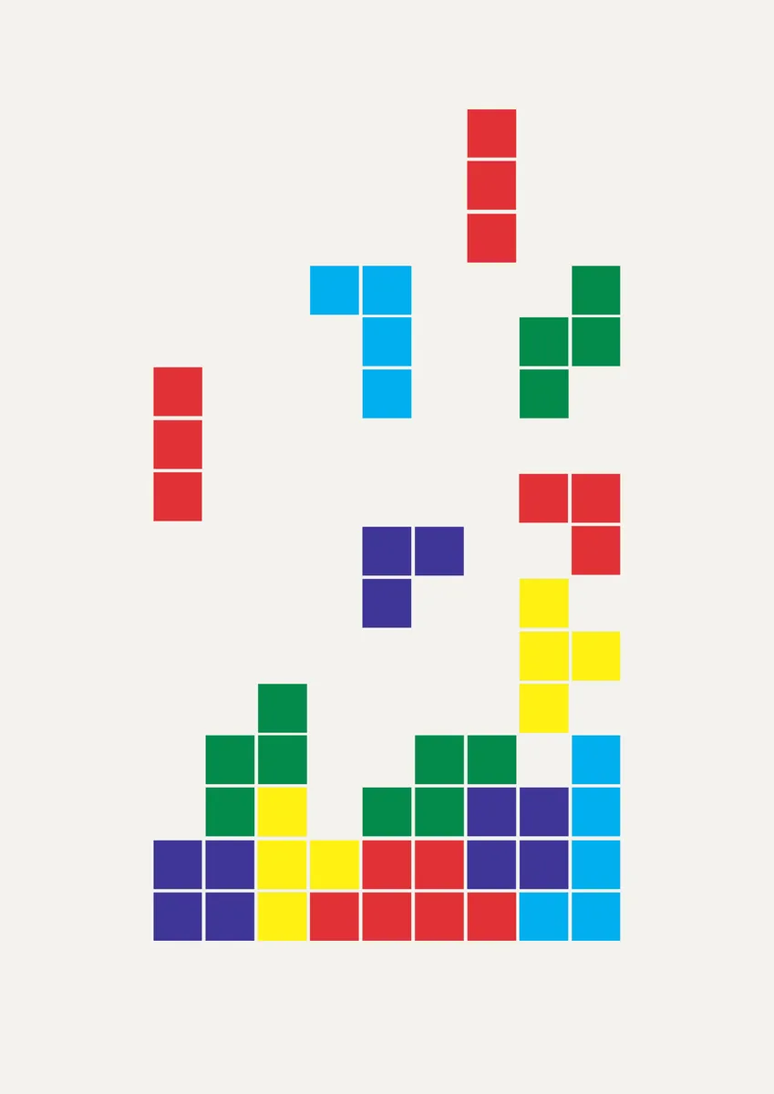 Stacked and falling square blocks in a single colour