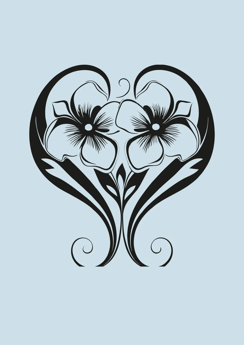 Two flowers with curling stems forming a heart shape