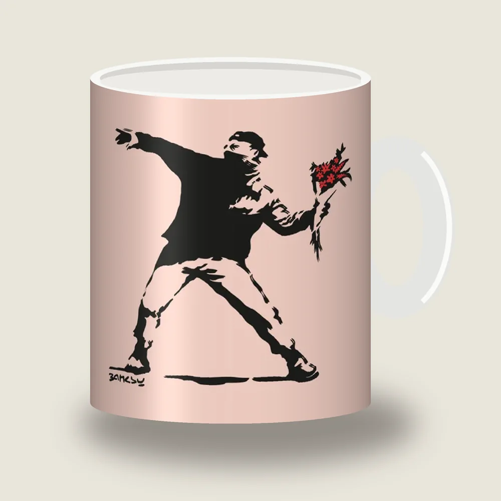 Banksy Flower Thrower protester throwing a red bouquet