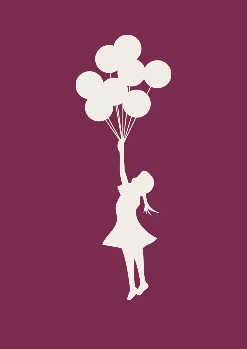 Banksy girl floating away holding a bunch of balloons