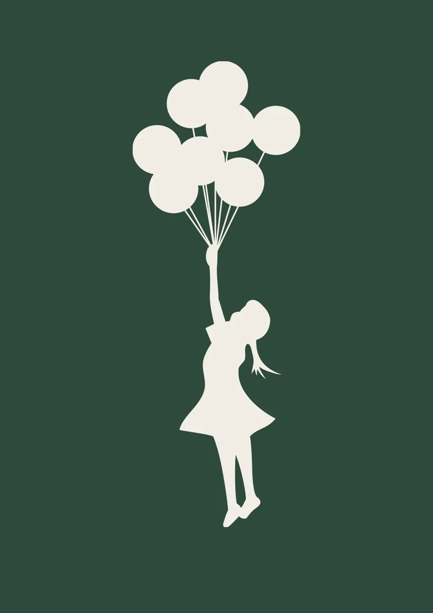 Banksy girl floating away holding a bunch of balloons