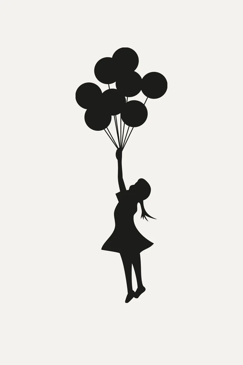 Banksy girl floating away holding a bunch of balloons