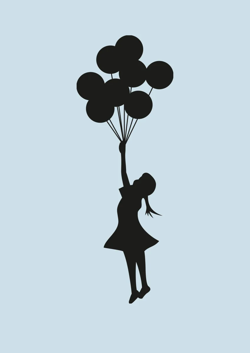 Banksy girl floating away holding a bunch of balloons