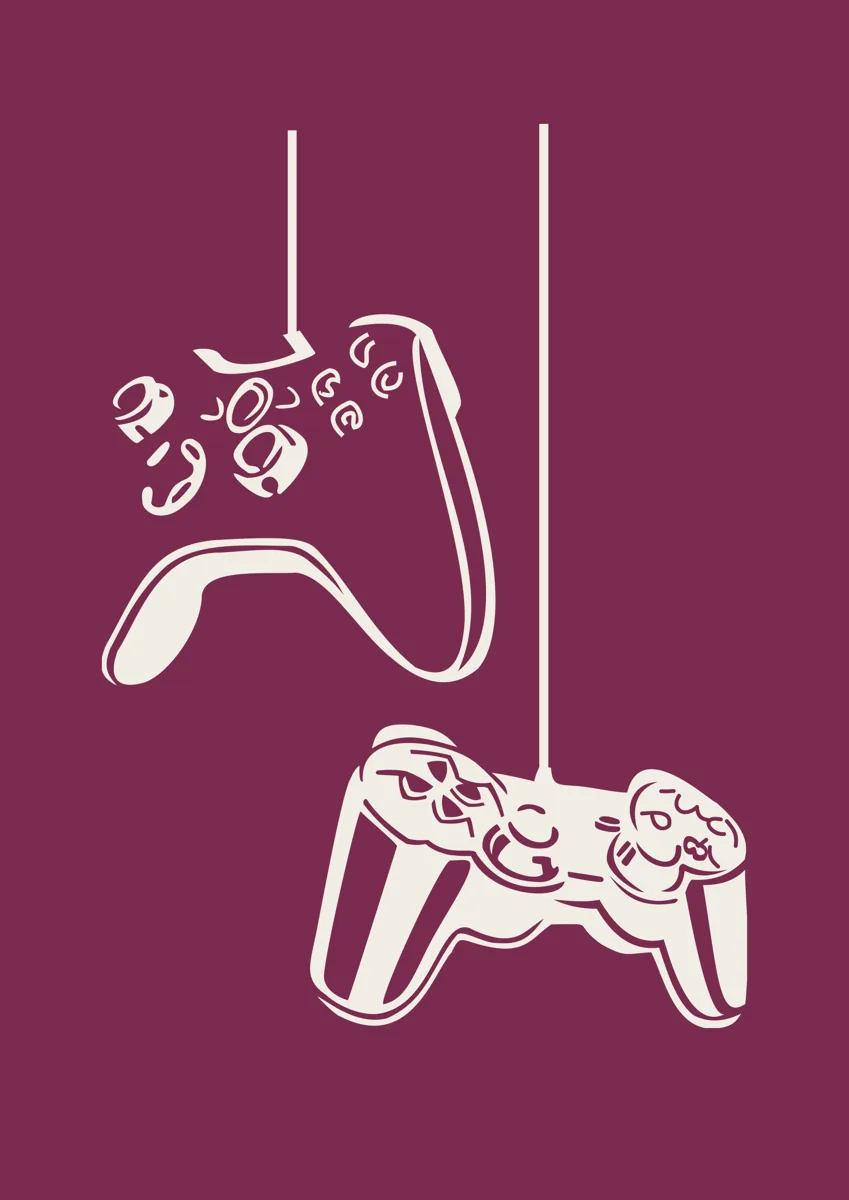 Two game controllers hanging by their cables, line art