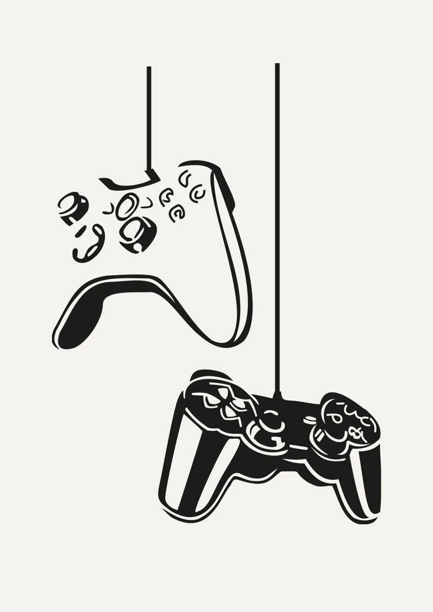 Two game controllers hanging by their cables, line art