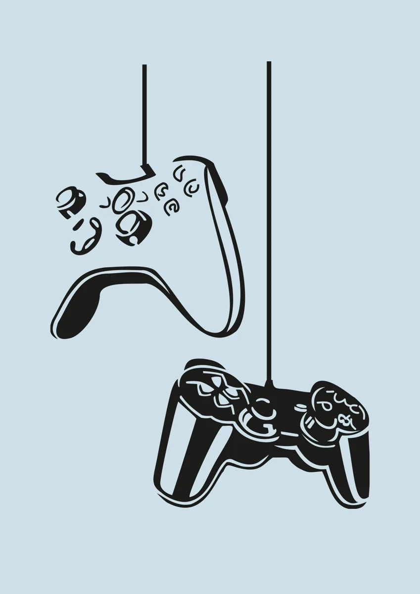 Two game controllers hanging by their cables, line art
