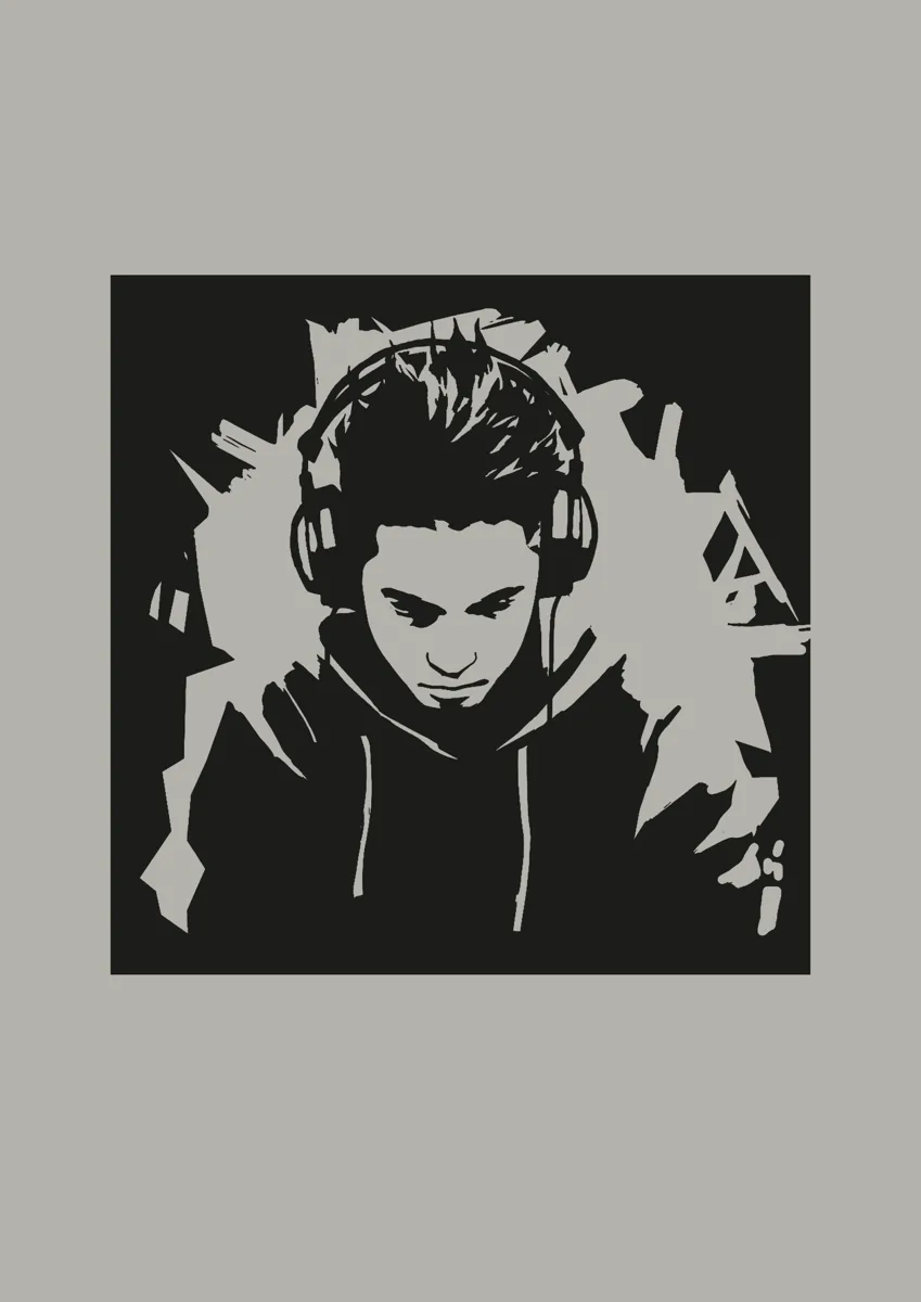 Gamer with headphones looking down in concentration, boxed graphic