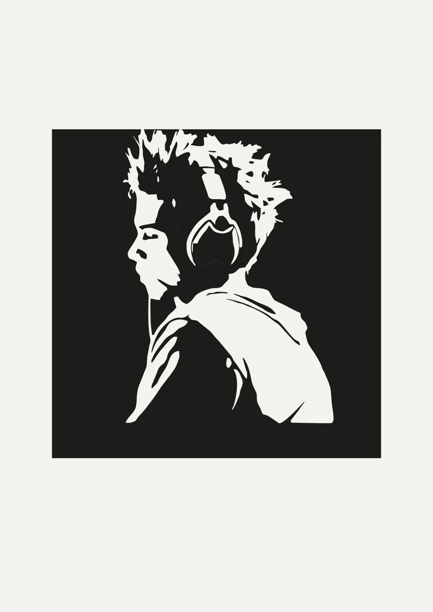 Young gamer wearing headphones, boxed graphic portrait