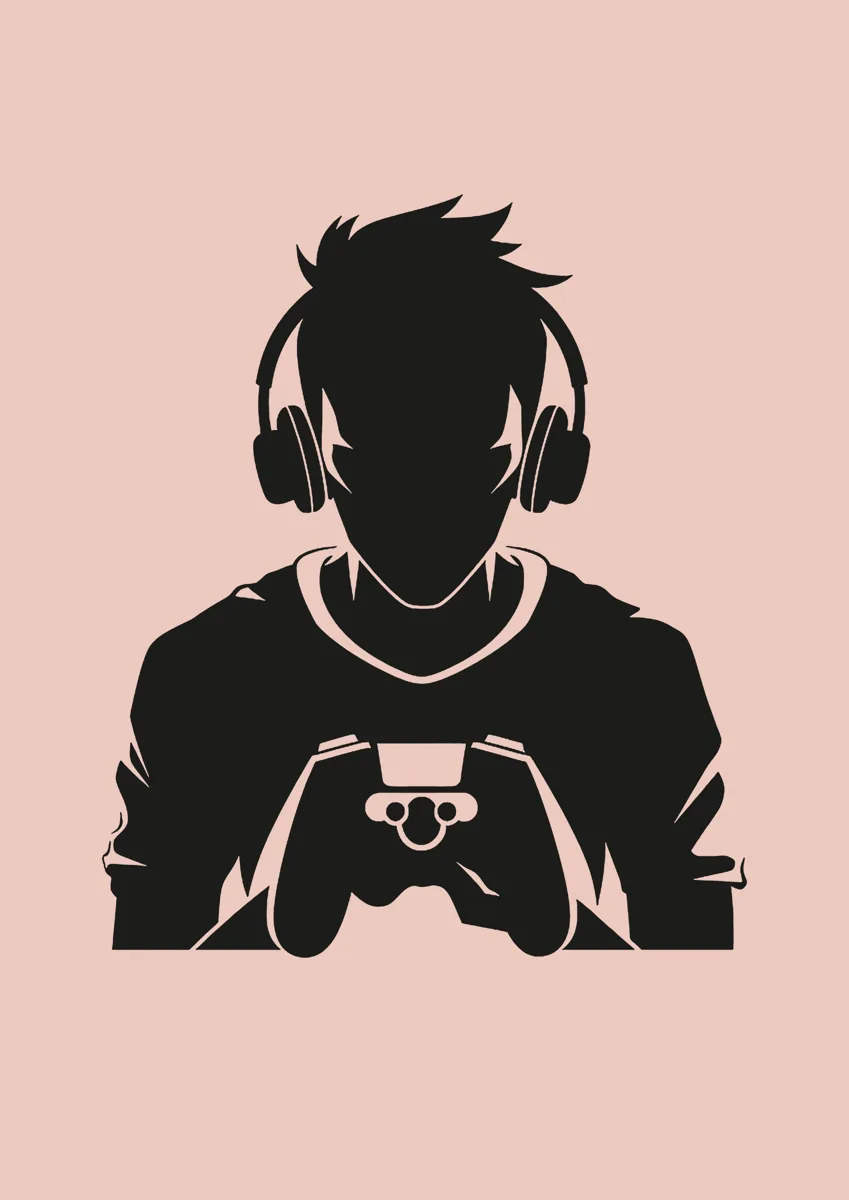 Gamer with headphones holding a controller, silhouette