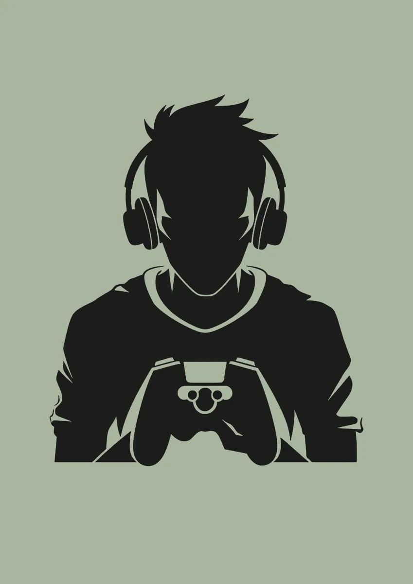 Gamer with headphones holding a controller, silhouette