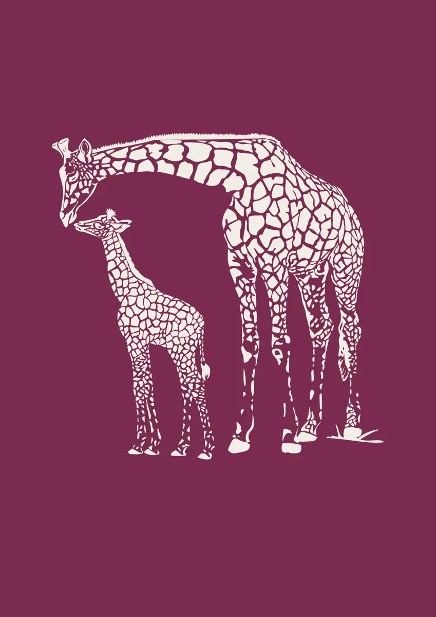 Two giraffes, one tall and one small, patterned illustration