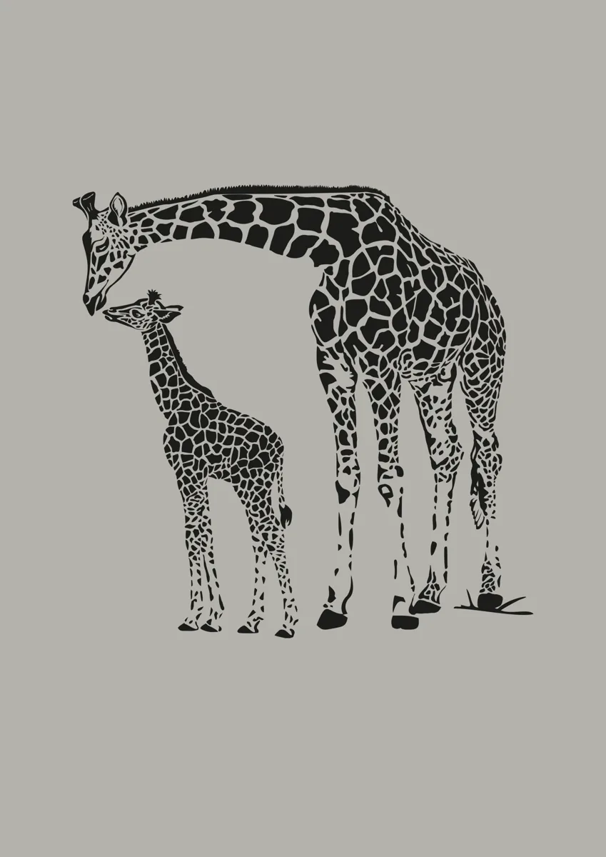 Two giraffes, one tall and one small, patterned illustration