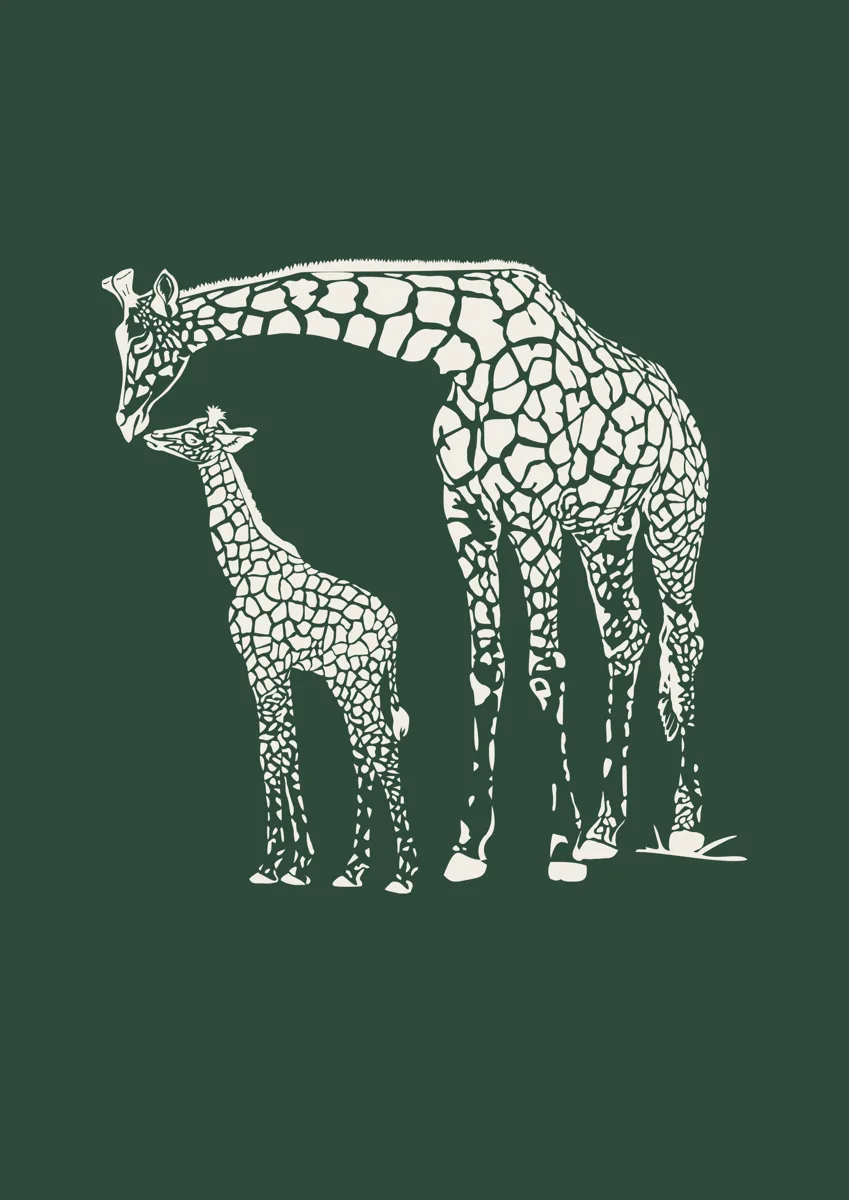 Two giraffes, one tall and one small, patterned illustration