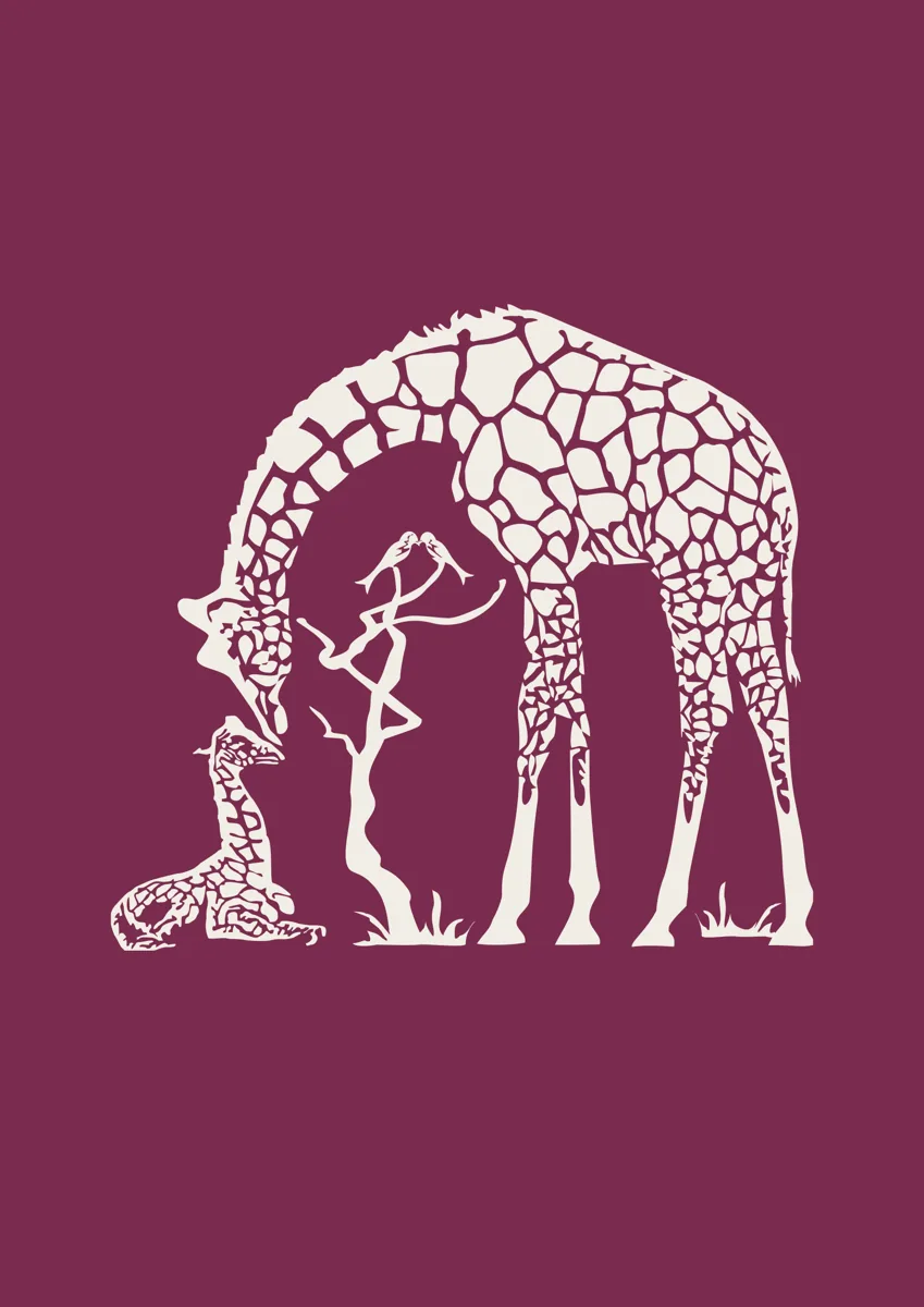 Mother giraffe bending down to her calf, patterned silhouette