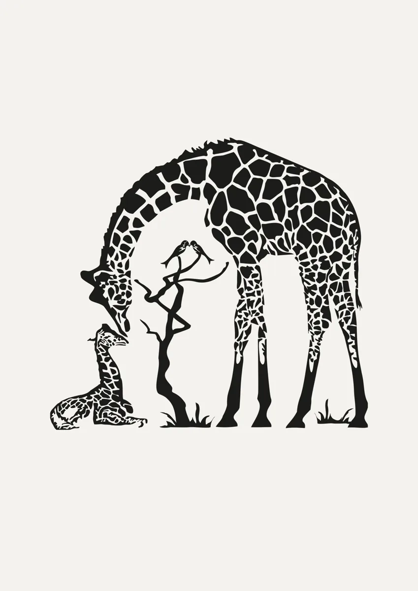 Mother giraffe bending down to her calf, patterned silhouette
