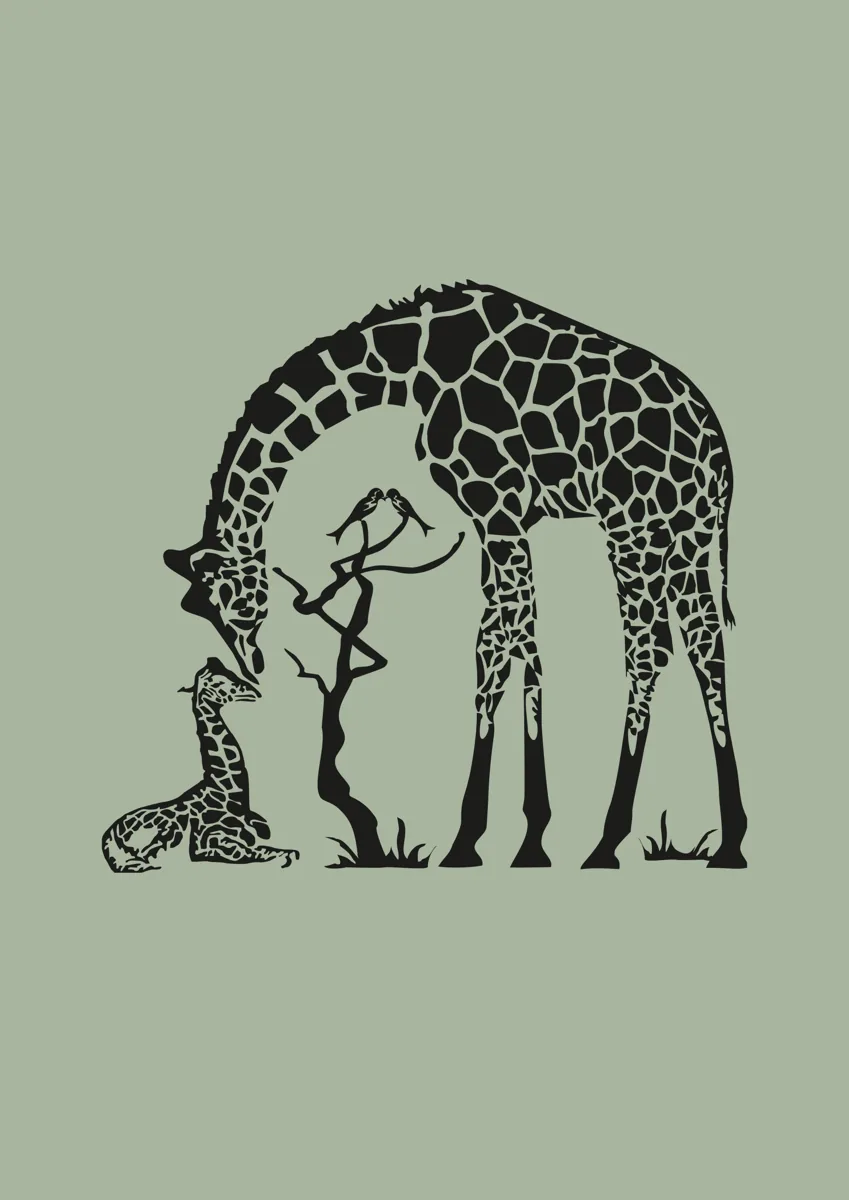 Mother giraffe bending down to her calf, patterned silhouette
