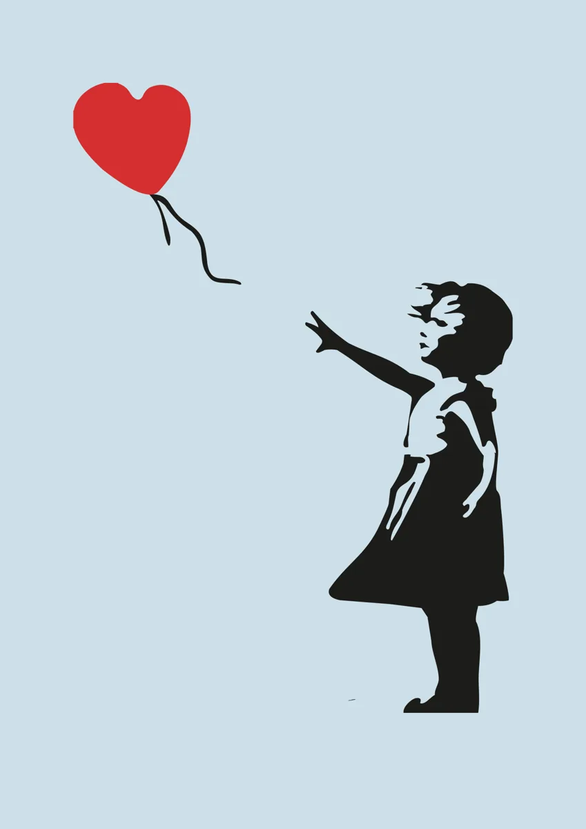Banksy Girl with Balloon stencil with red heart-shaped balloon