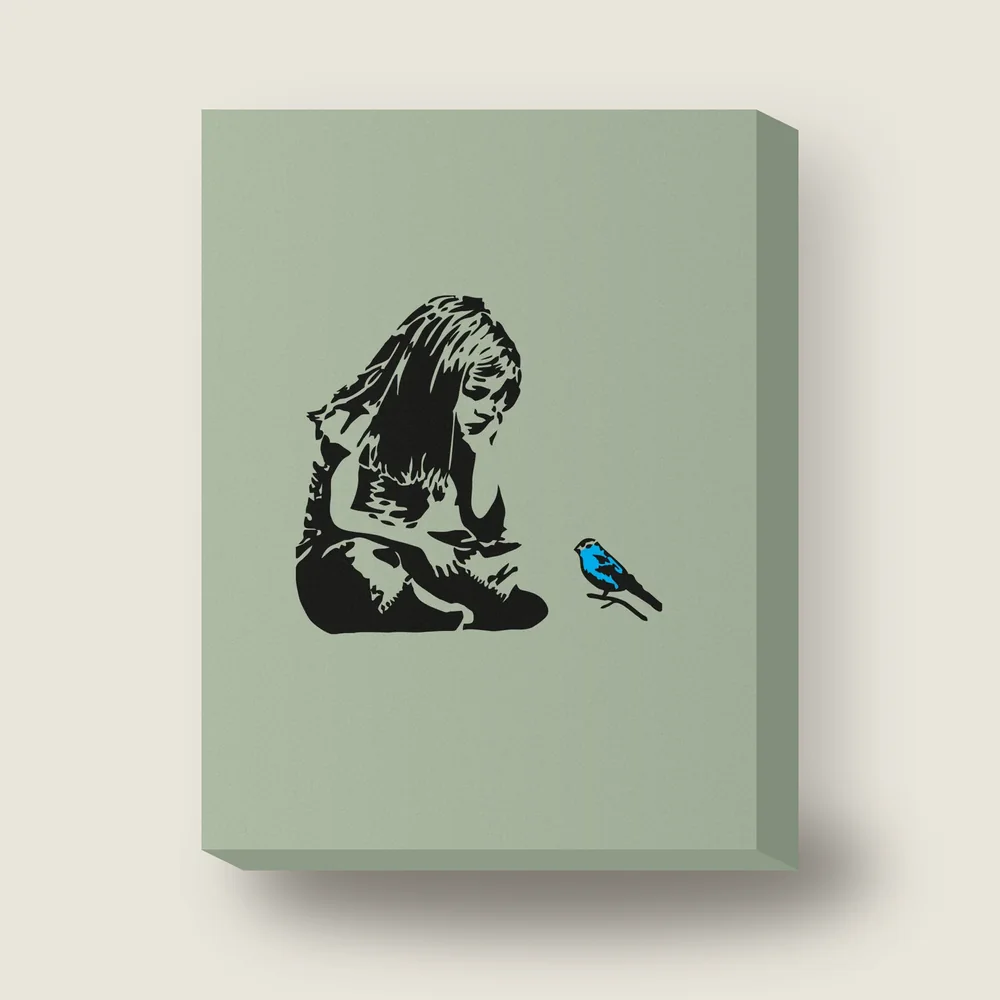 Girl sitting with a small blue bird stencil art