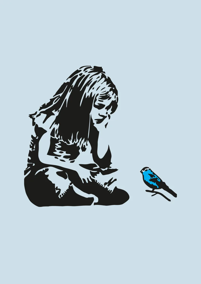 Girl sitting with a small blue bird stencil art
