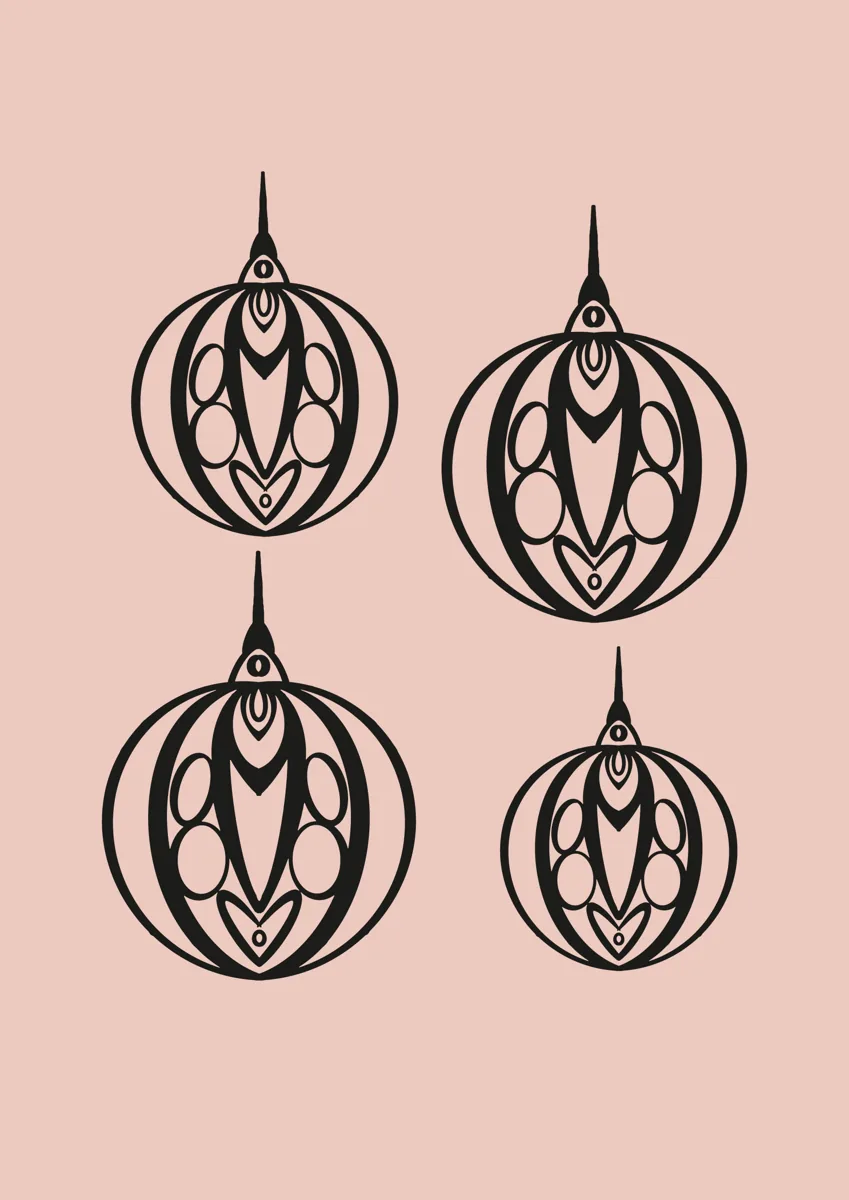 Four ornate Christmas baubles hanging from thin threads, line illustration