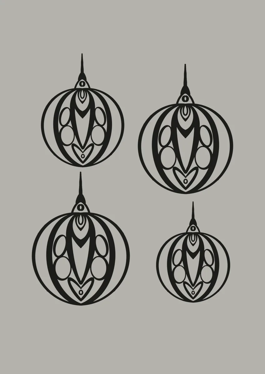 Four ornate Christmas baubles hanging from thin threads, line illustration