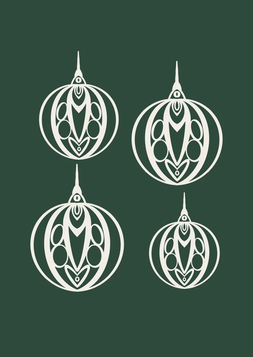 Four ornate Christmas baubles hanging from thin threads, line illustration