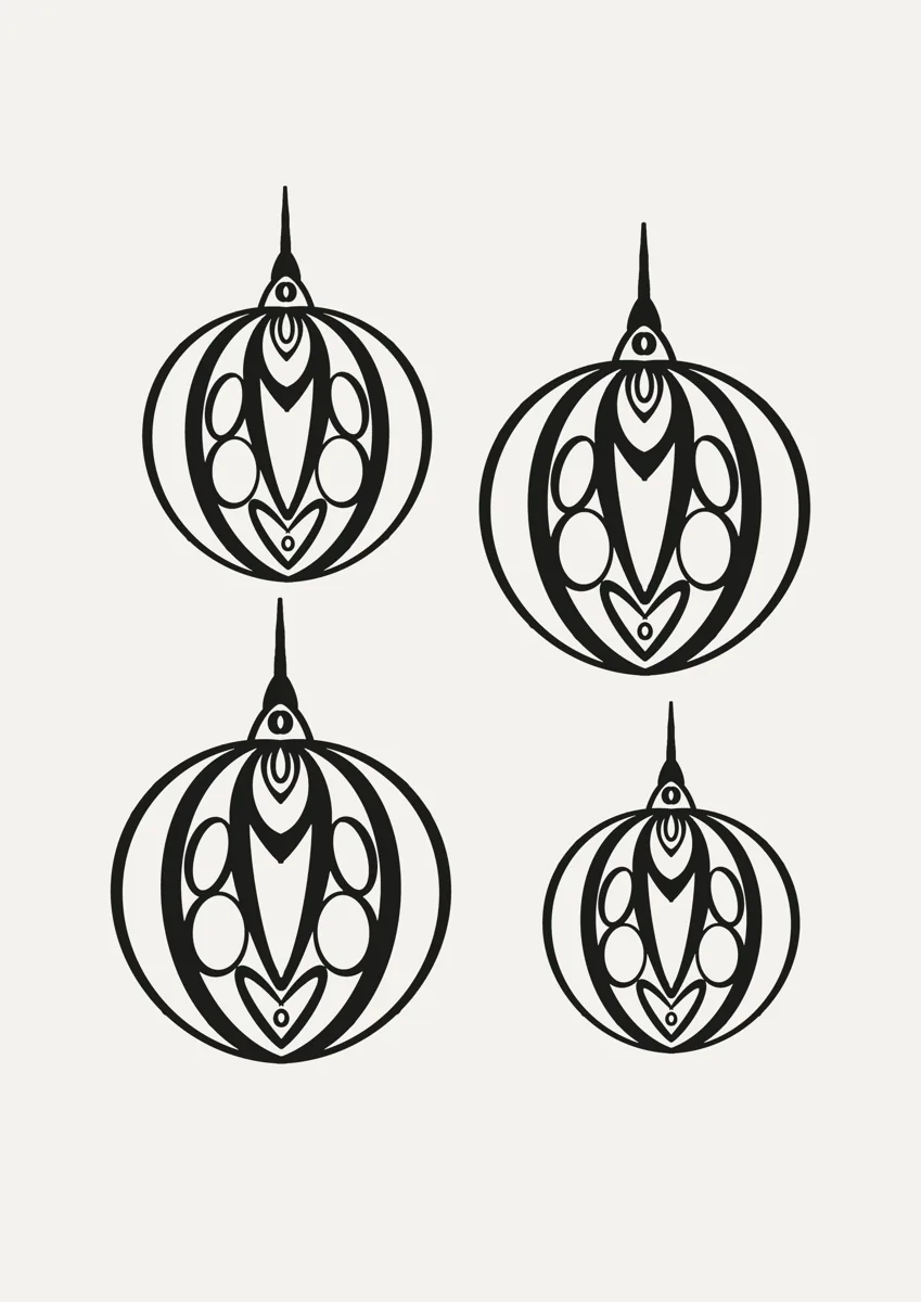 Four ornate Christmas baubles hanging from thin threads, line illustration